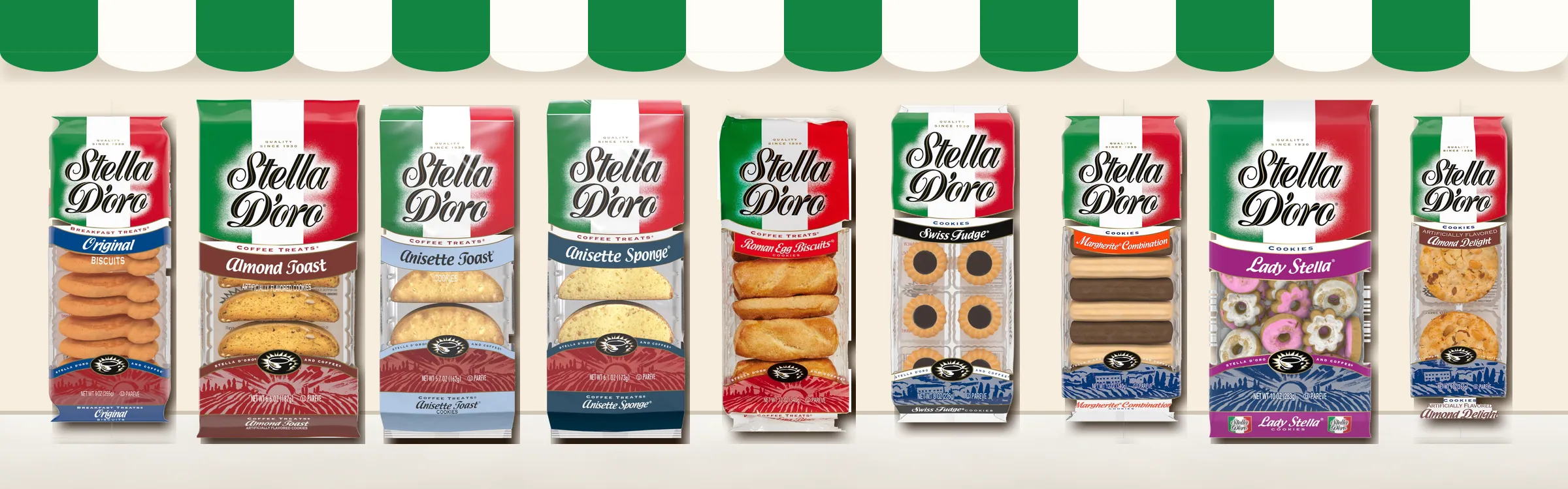 Nine Stella D'oro bags lined up on a café counter under a green awning