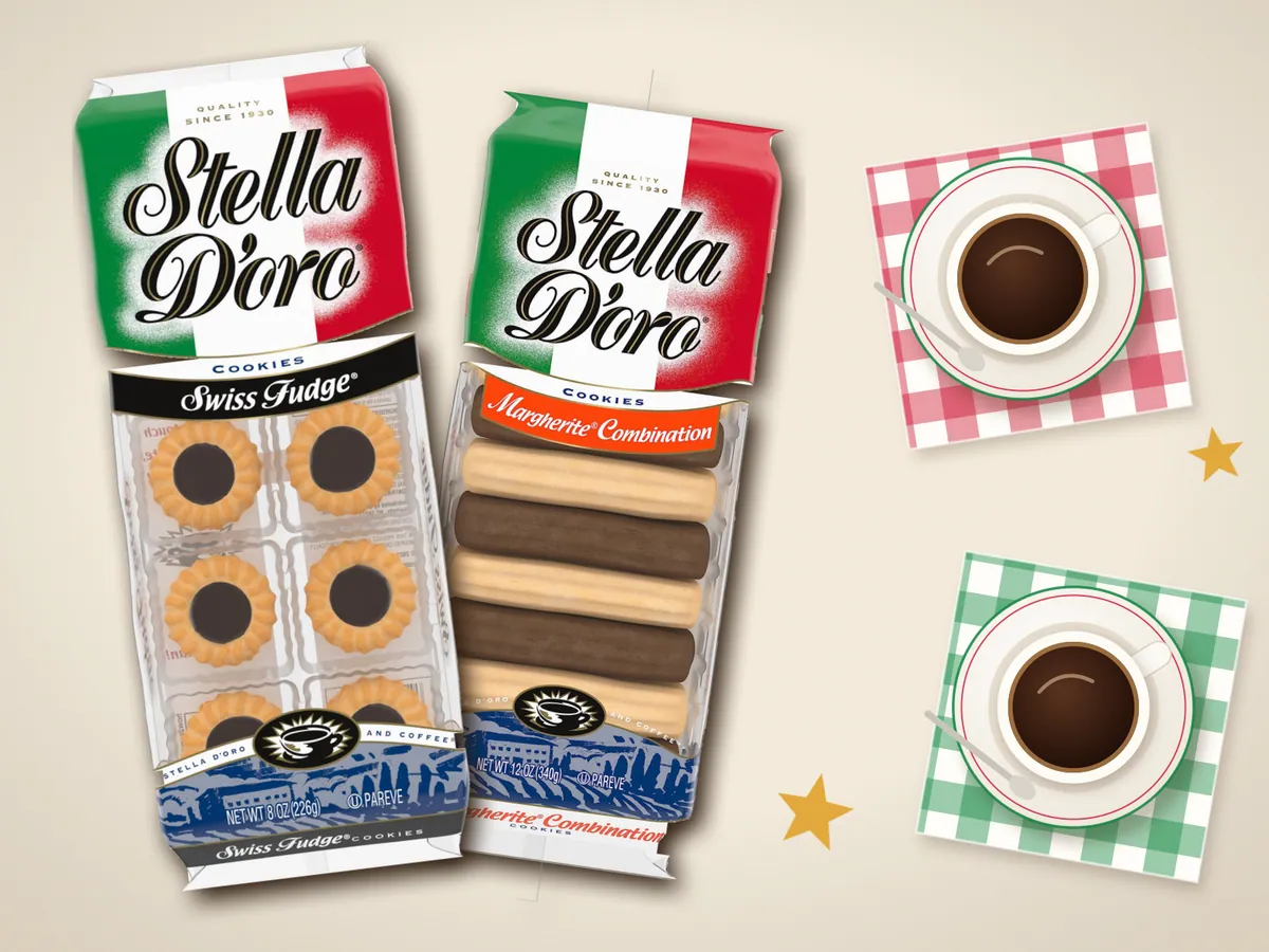 Stella D'oro Swiss Fudge and Margherite cookies with two small cups of coffee