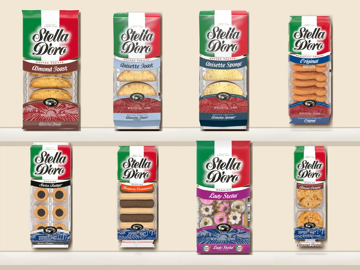 Eight Stella D'oro bags standing on two pantry shelves