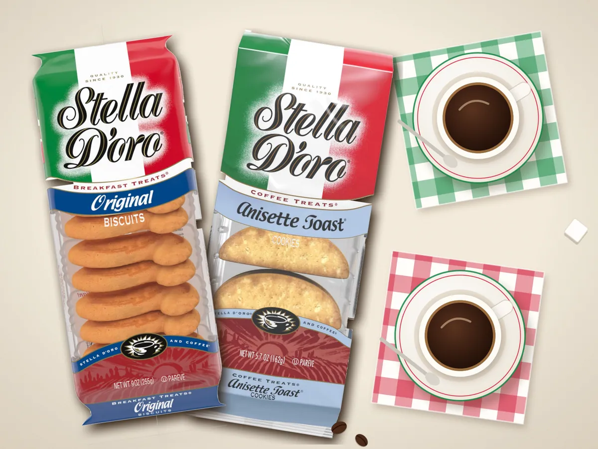 Two cups of espresso with Stella D'oro Breakfast Treats and Anisette Toast on a linen tablecloth