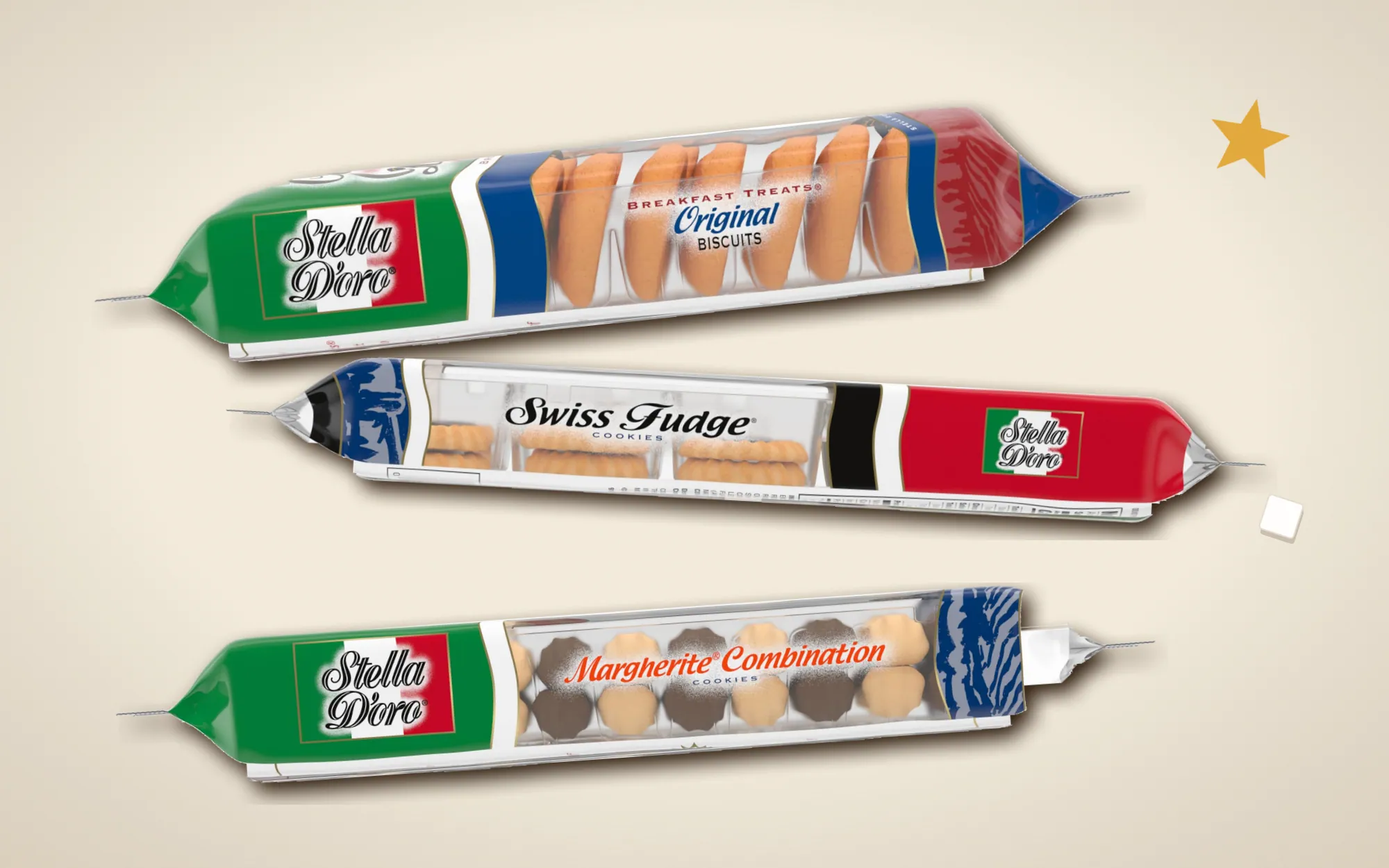 Stella D'oro packs seen from above: Breakfast Treats, Swiss Fudge and Margherite