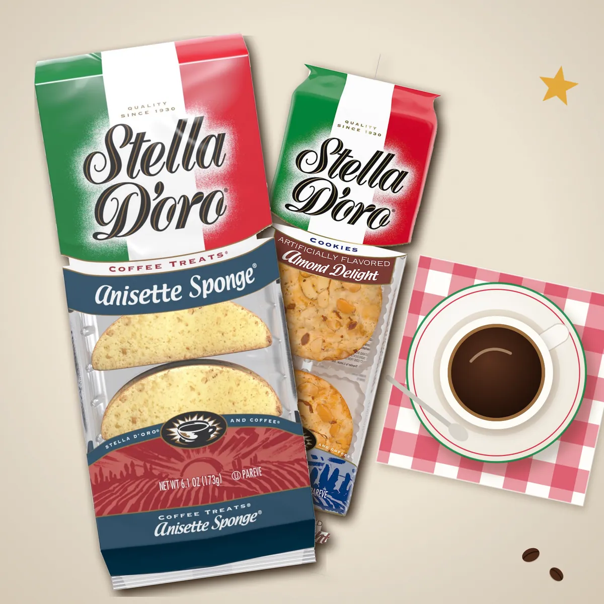 Stella D'oro Anisette Sponge and Almond Delight packs with espresso