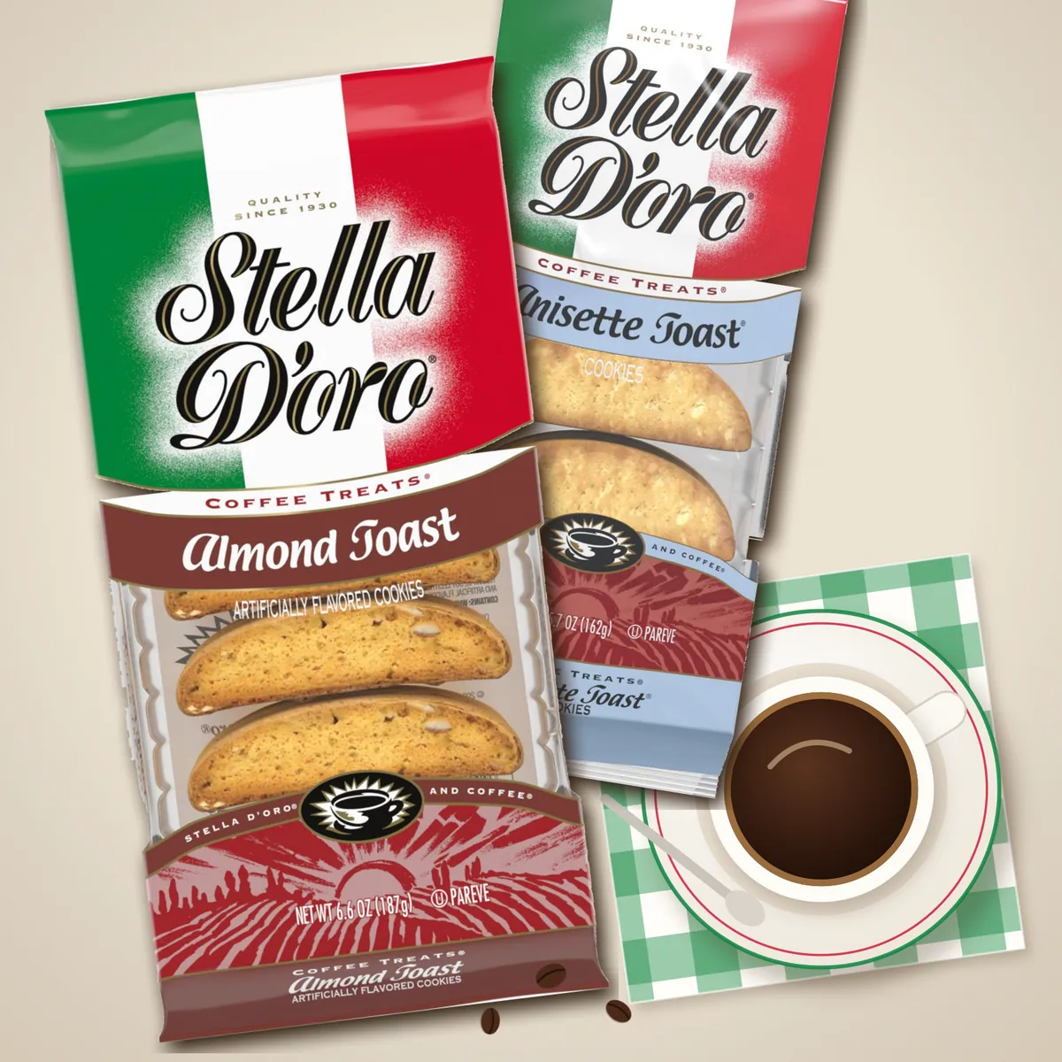 Stella D'oro Almond Toast and Anisette Toast beside an espresso cup and coffee beans