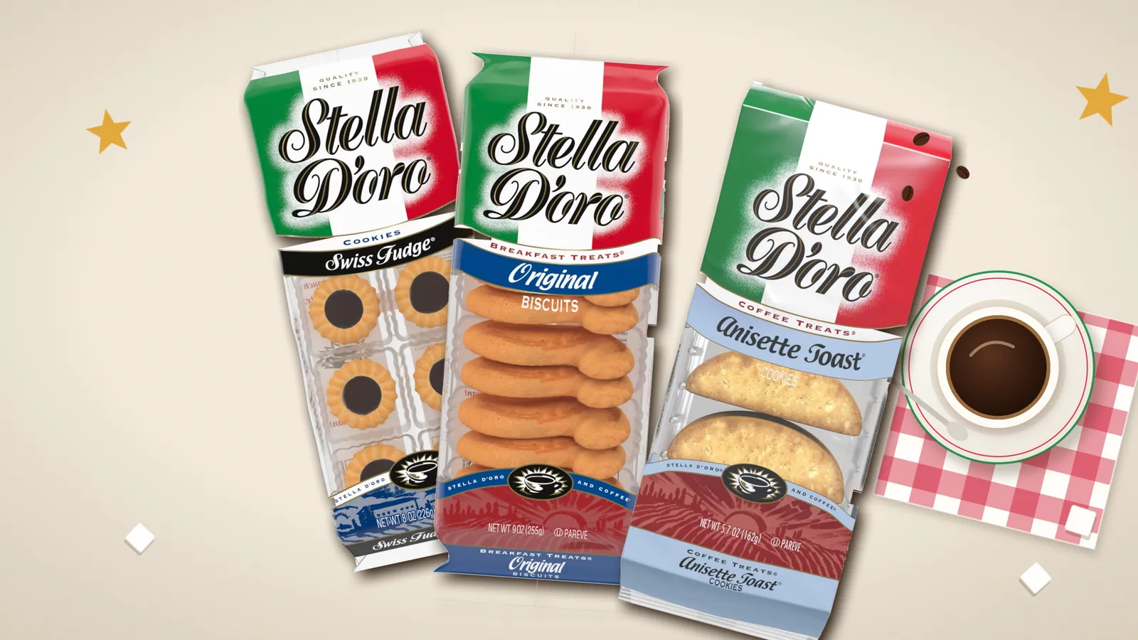 Stella D'oro Breakfast Treats, Swiss Fudge and Anisette Toast laid on a linen tablecloth beside a cup of espresso