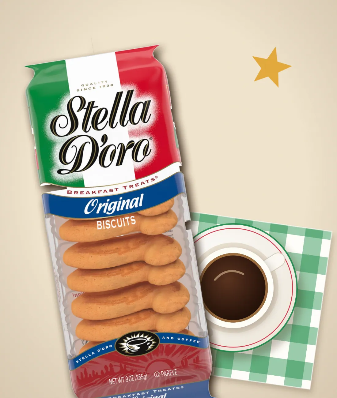 A pack of Stella D'oro Breakfast Treats beside an espresso cup