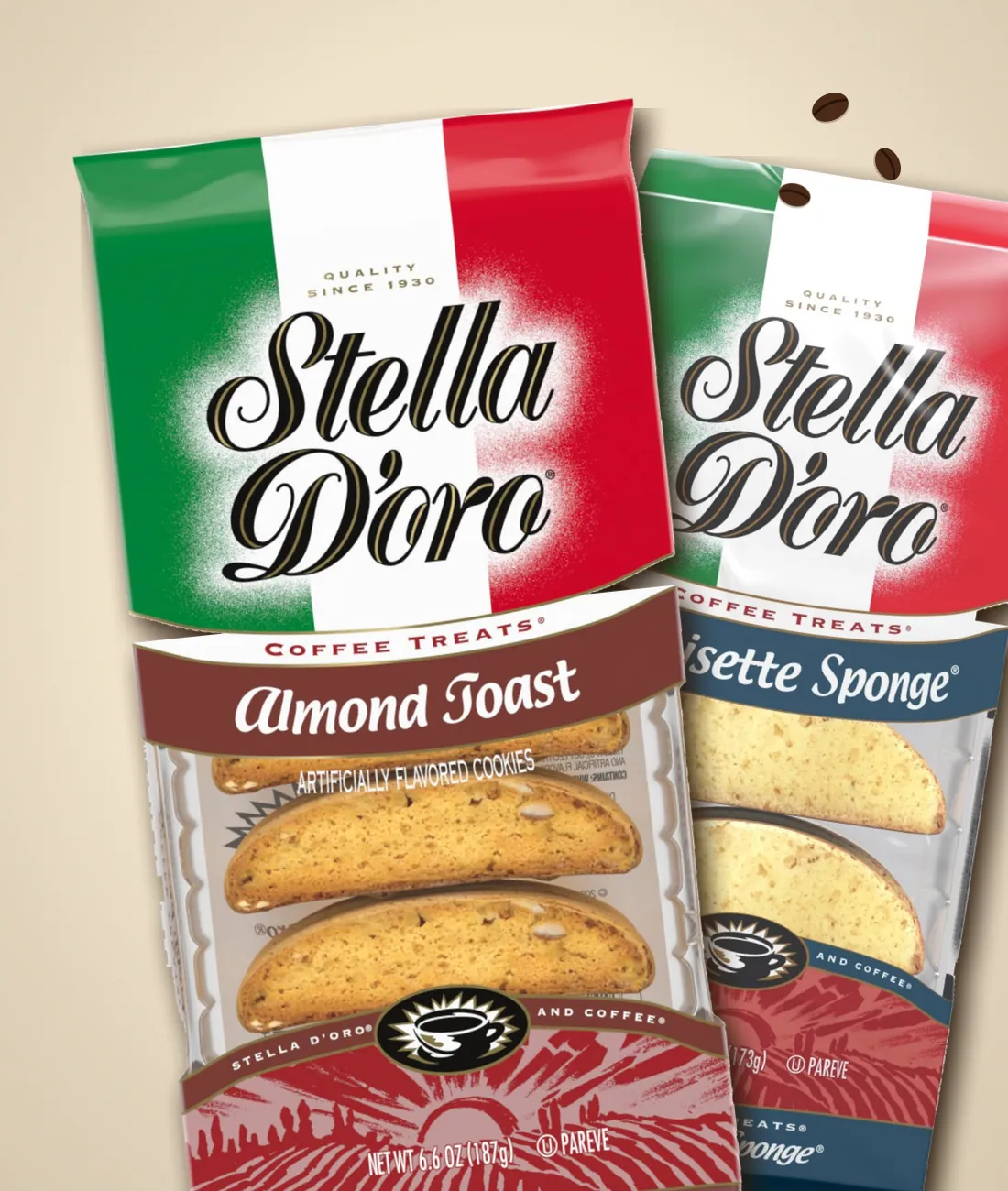 Stella D'oro Almond Toast and Anisette Sponge packs with coffee beans